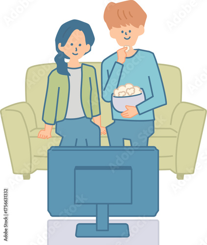 一緒にテレビを見るカップルのイラスト