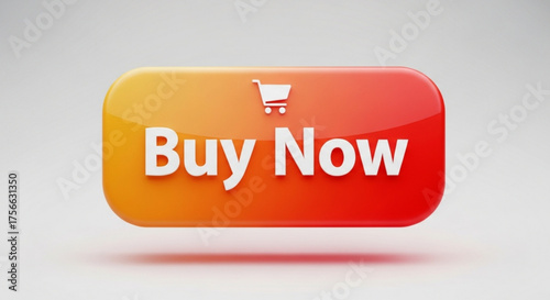 3d render of a glossy orange and red button with the words buy now and a shopping cart icon, represents online shopping