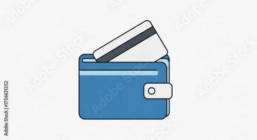 Illustration of a blue wallet with a credit card sticking out, represents finance, payment, and personal money management