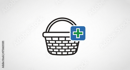 Shopping basket icon with plus sign, representing adding items to a cart for online purchases and ecommerce transactions