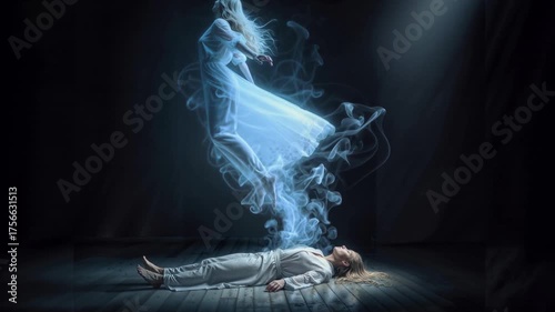 Ethereal soul departing body in near-death experience with luminous spirit form ascending through mystical light in transcendent spiritual moment