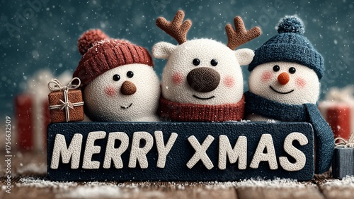 Stunning Flat Design Vector Art of Reindeer, Gifts, and Snowman in Clean Christmas Holiday Layout,Modern Flat Design Christmas Vector Banner with Snowy Letters 