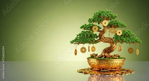 Golden Bonsai with Gold Fruits and Gold Coins.