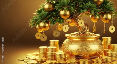 Golden Bonsai with Gold Fruits and Gold Coins.