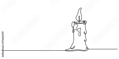One continuous line drawing of candle vector illustration. Candle continuous line art. Burning candle one line drawing. Warmer, lamp, interior concept. One line Icon drawing with white background