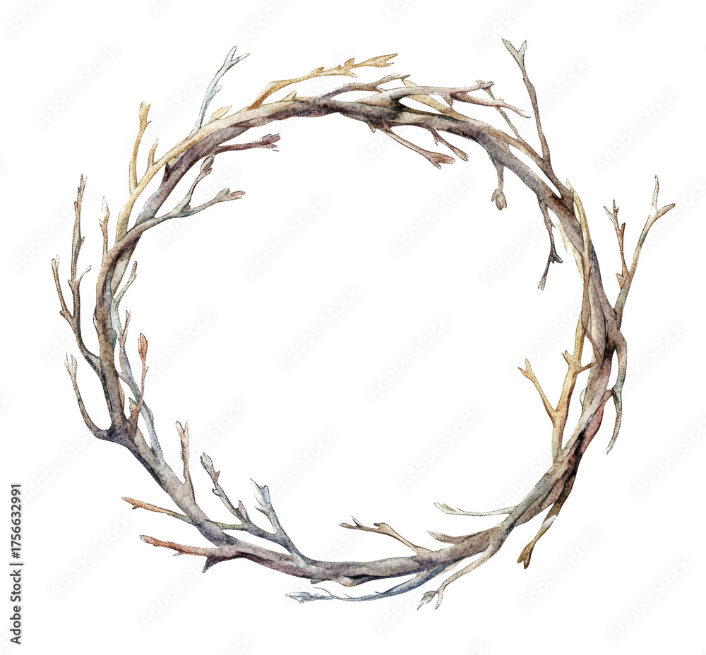 Fototapeta premium Watercolor, simple clean line illustration of a circular wreath frame with gold and silver-colored twigs