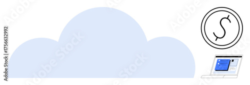 Large blue cloud, laptop displaying data, and circular dollar coin. Ideal for finance, digital savings, cloud services, budgeting tools, software apps, fintech simple flat metaphor