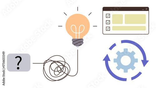 Question mark leads to tangled path, light bulb as idea, cog with arrows for workflow, and checklist. Ideal for innovation, problem-solving, creativity, process, productivity organization teamwork
