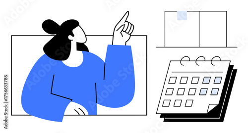 Person gesturing toward organized blocks and calendar layout. Ideal for time management, organization, planning, productivity, scheduling, business strategy, teamwork in a simple flat metaphor