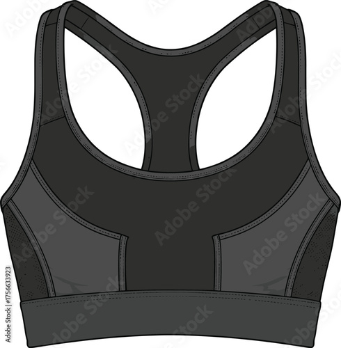 Black sports bra vector illustration with racerback design, breathable mesh fabric, fitness activewear clothing, gym workout apparel, athletic fashion garment