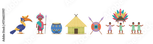 Hornbill Festival Illustration of Naga Tribe Culture with Traditional Dance Tribal People Colorful Feathers Village Hut Drums Shields Spears and Hornbill Bird Representing Indian Heritage Art Vector