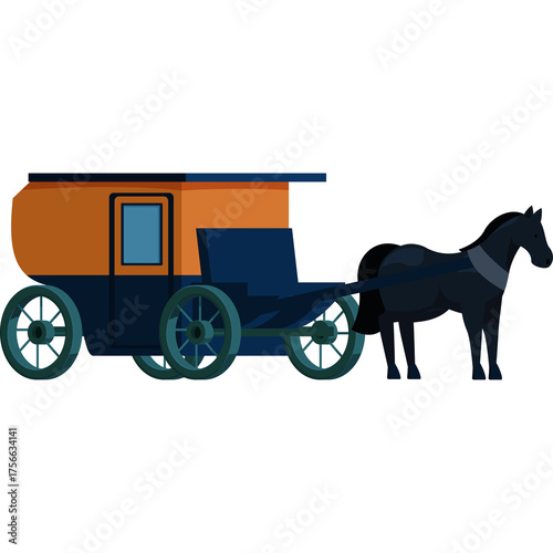 Vintage horse drawn carriage with orange and blue body and dark horse isolated on white background detailed illustration