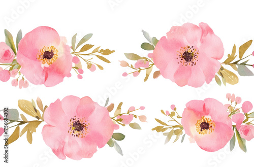 Watercolor floral borders and frames, pastel pink color palette, with small flowers at the bottom of each border, on a white background.

