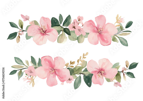 Watercolor floral borders and frames, pastel pink color palette, with small flowers at the bottom of each border, on a white background.

