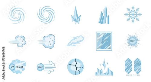 15 frosty lightblue vector icons of ice wind frost and related themes in a grid arrangement