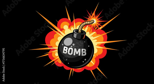 A cartoon bomb explodes radiating fire and energy set against a stark black background