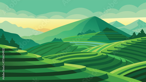 Green mountain landscape with hills meadow and blue sky in summer countryside scenery vector illustration