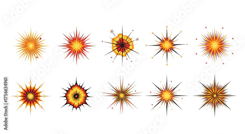 An arrangement of ten explosion graphics in two rows each with radial spikes and a warm color palette