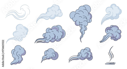 Cartoon clouds and puffs of smoke various shapes with colored borders on a white background