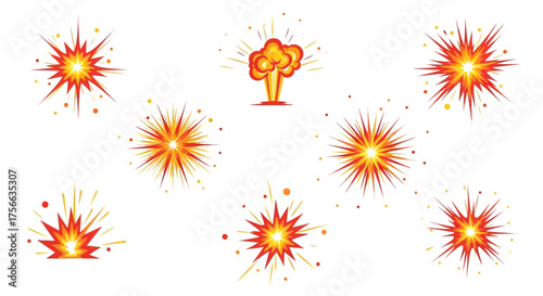 Cartoon explosion set with firecolored bursts and accompanying sparks against a white background