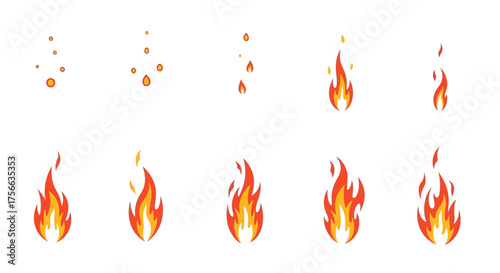 Cartoon frames depict a fire animation sequence showing flickering orange flames