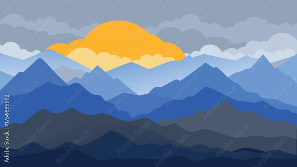 Naklejka premium Misty mountain landscape with clouds and forest in the morning light