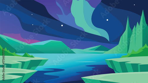 Blue ocean vector landscape with mountains, boat, and sky illustration, perfect for summer travel design