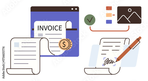 Online invoice with dollar icon, paperwork, electronic signature, and workflow diagram. Ideal for finance, business, documentation, online payments, approval processes accounting and modern