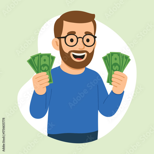 Happy bearded man holding dollar bills in both hands – flat cartoon style illustration