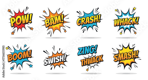 Comic bookstyle explosions Pow Bam Crash Whack Boom Swish Zing Smash