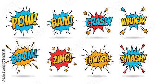 Comicstyle graphic with action words like POW BAM CRASH WHACK BOOM ZING THWACK SMASH in colorful bursts