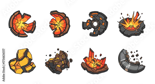 Eight stylized isolated volcanothemed game asset icons on a white background