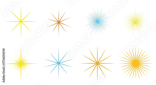 Eight stylized stars or spark icons arranged in two rows of four varying in color and ray count
