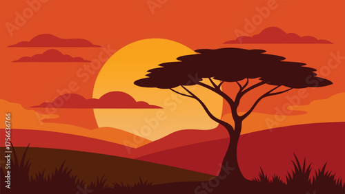Sunset landscape with trees and hills in warm orange tones