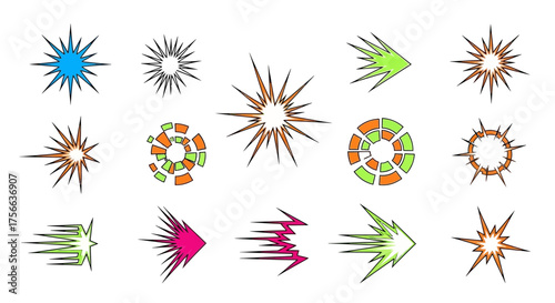 Graphic fifteen cartoonish stylized bursts of energymotion in various shapes and colors are arranged on a white background