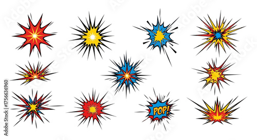 Graphic displays of colorful cartoon explosion illustrations on a white background