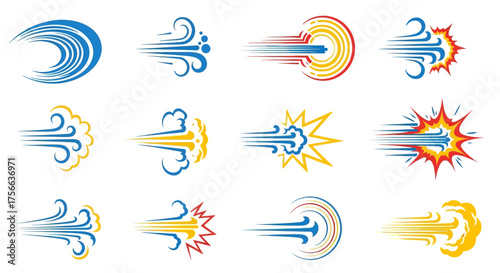 Graphic set 12 stylized windspeed vectors varied color schemes horizontal motion