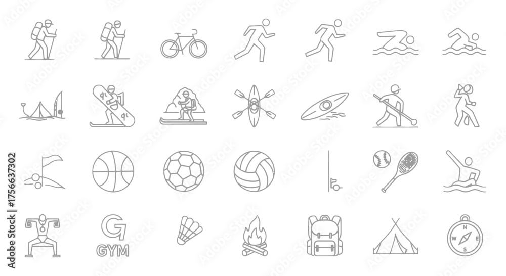 Fototapeta premium Vector illustration showcasing various outdoor activities and sports including hiking, swimming, and camping