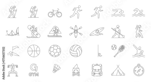 Vector  illustration showcasing various outdoor activities and sports including hiking, swimming, and camping