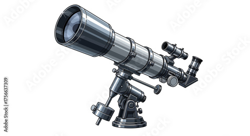 Vector  a detailed illustration of a silver telescope with various adjustable parts and a sturdy base