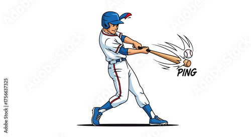 Vector  cartoon illustration of a baseball player swinging a bat and hitting a baseball with ping sound