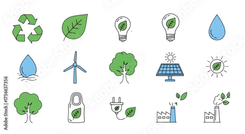 Vector  illustration of environmental and ecological icons including recycling, wind, and solar power sources