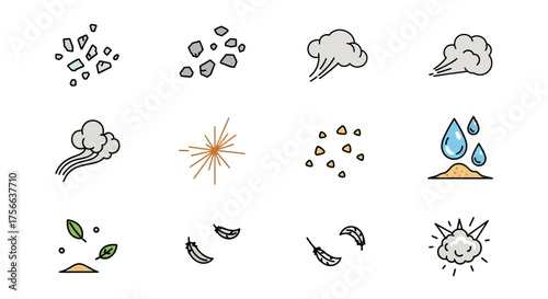 Twelve cartoon icons depicting wind debris and elements in various forms arranged on a white background