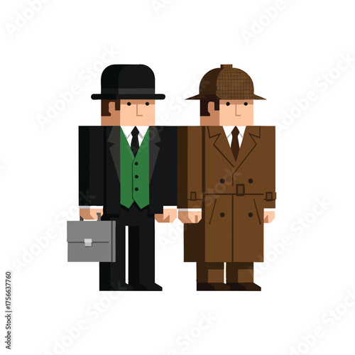 Blocky pixel art illustration of a classic detective duo in vintage attire.