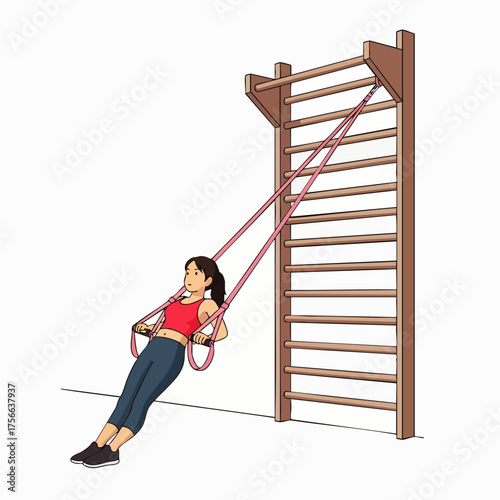 A woman performs suspension training using straps attached to a wall-mounted ladder, focusing on core strength and bodyweight exercises.