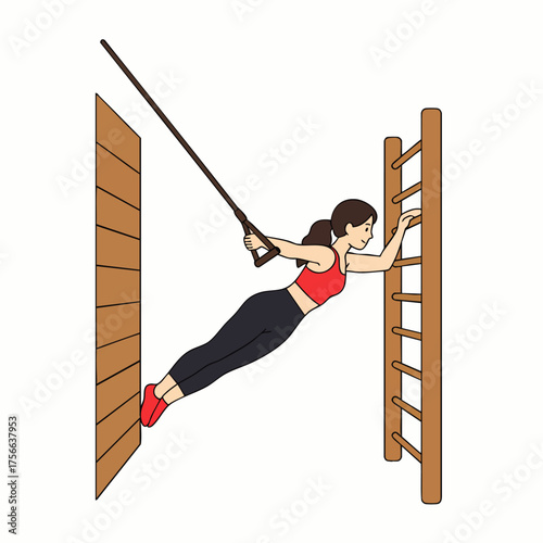 A woman engages in a TRX suspension workout, using a wall-mounted system for a full-body exercise routine indoors, building strength.