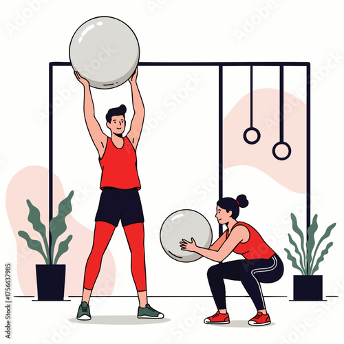 A fit man and woman work out together in a gym, using exercise balls for a functional fitness routine, promoting health and wellness.