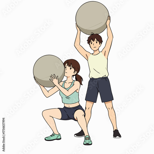 A couple is depicted in an illustration, working out together, lifting large exercise balls for a fitness routine, promoting health and wellness.