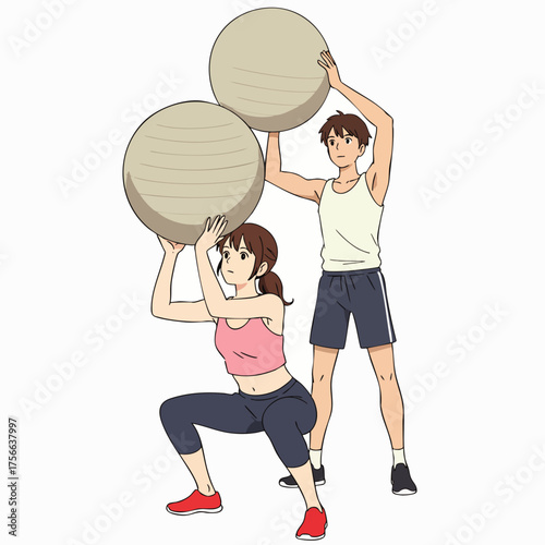 Illustration of a woman doing squats with a fitness ball, assisted by a trainer, promoting healthy lifestyle and exercise.