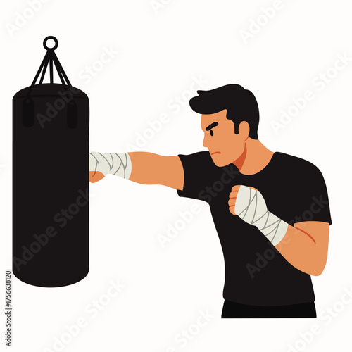 A determined boxer practices his punches on a heavy bag, showcasing strength, training, and dedication to fitness in a vector illustration.